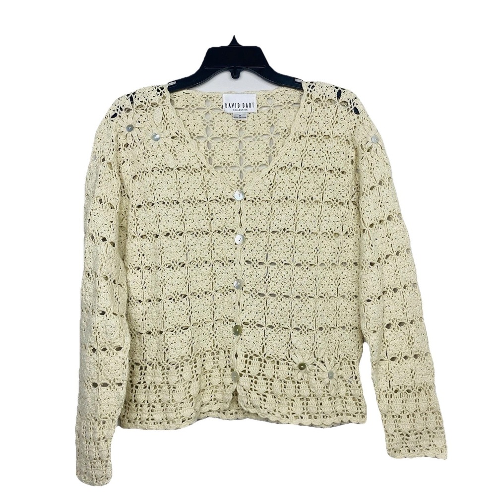 David Dart Crochet Cardigan Sz M Cream Boho Floral Open Knit Cottagecore Sweater